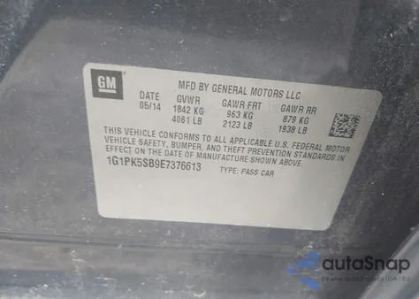 2014 Chevrolet Cruze Lt from USA, damaged, VIN 1G1PK5SB9E7376613